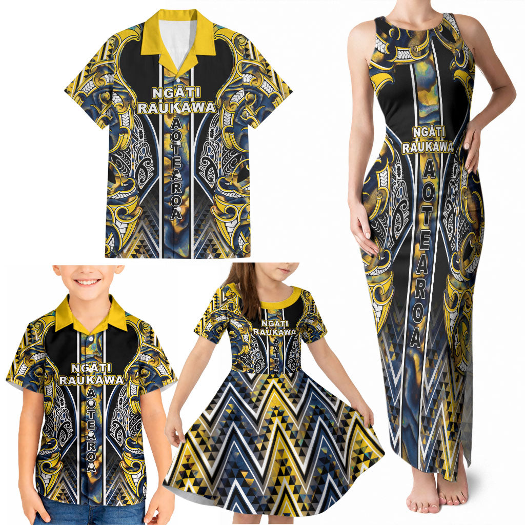 Aotearoa Ngati Raukawa Family Matching Tank Maxi Dress and Hawaiian Shirt Maori Tribal Yellow And Navy Paua Shell Pattern DT05 - Polynesian Pride