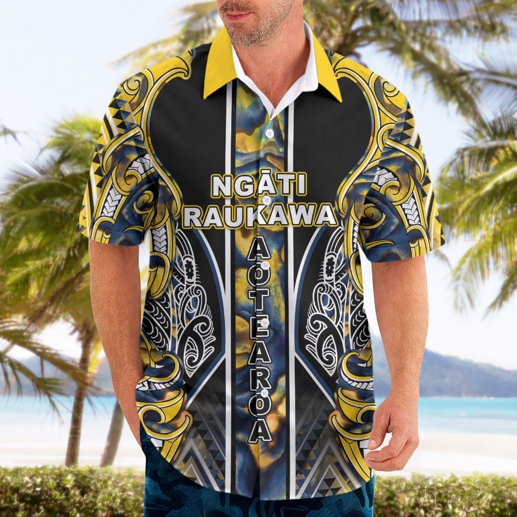 Aotearoa Ngati Raukawa Hawaiian Shirt Maori Tribal Yellow And Navy Paua Shell Pattern DT05 - Polynesian Pride