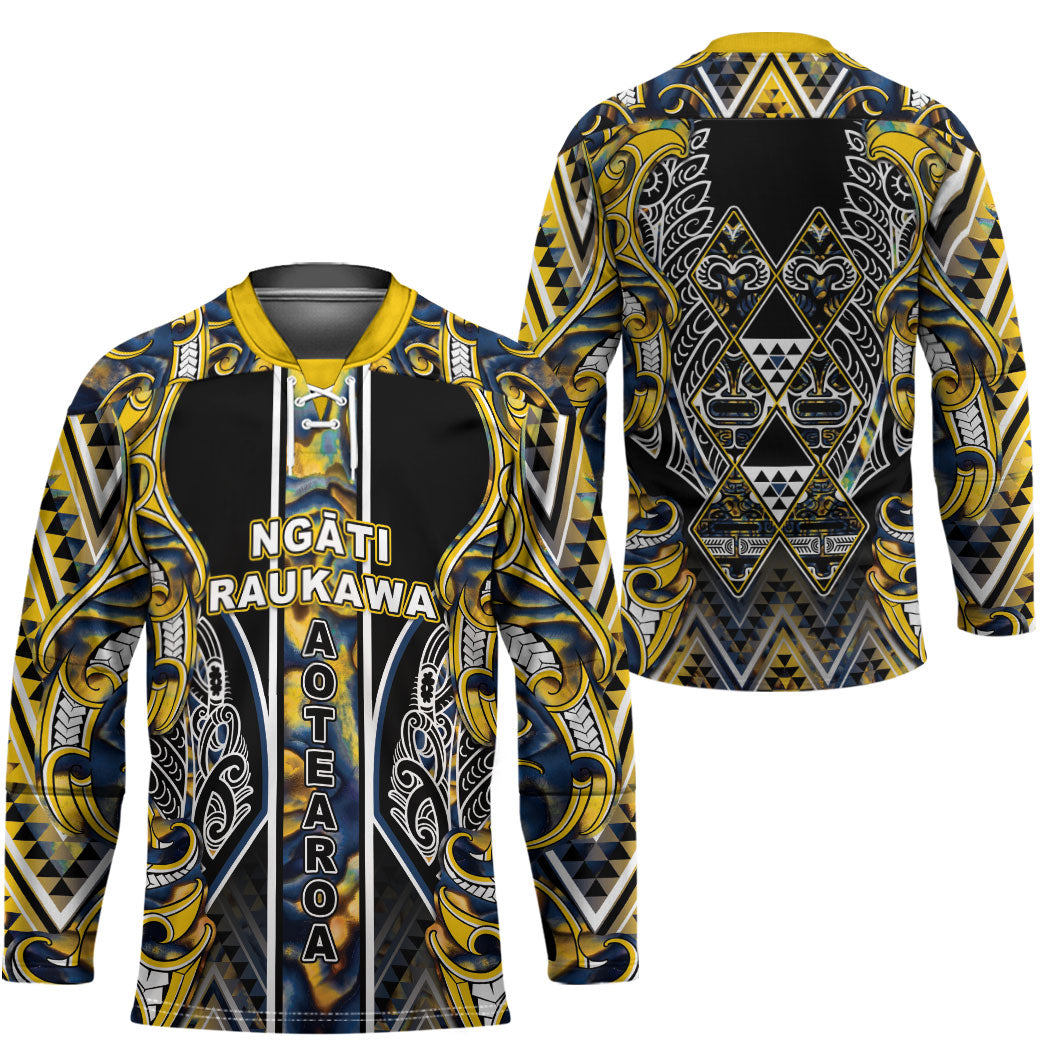 Aotearoa Ngati Raukawa Hockey Jersey Maori Tribal Yellow And Navy Paua Shell Pattern DT05 - Polynesian Pride