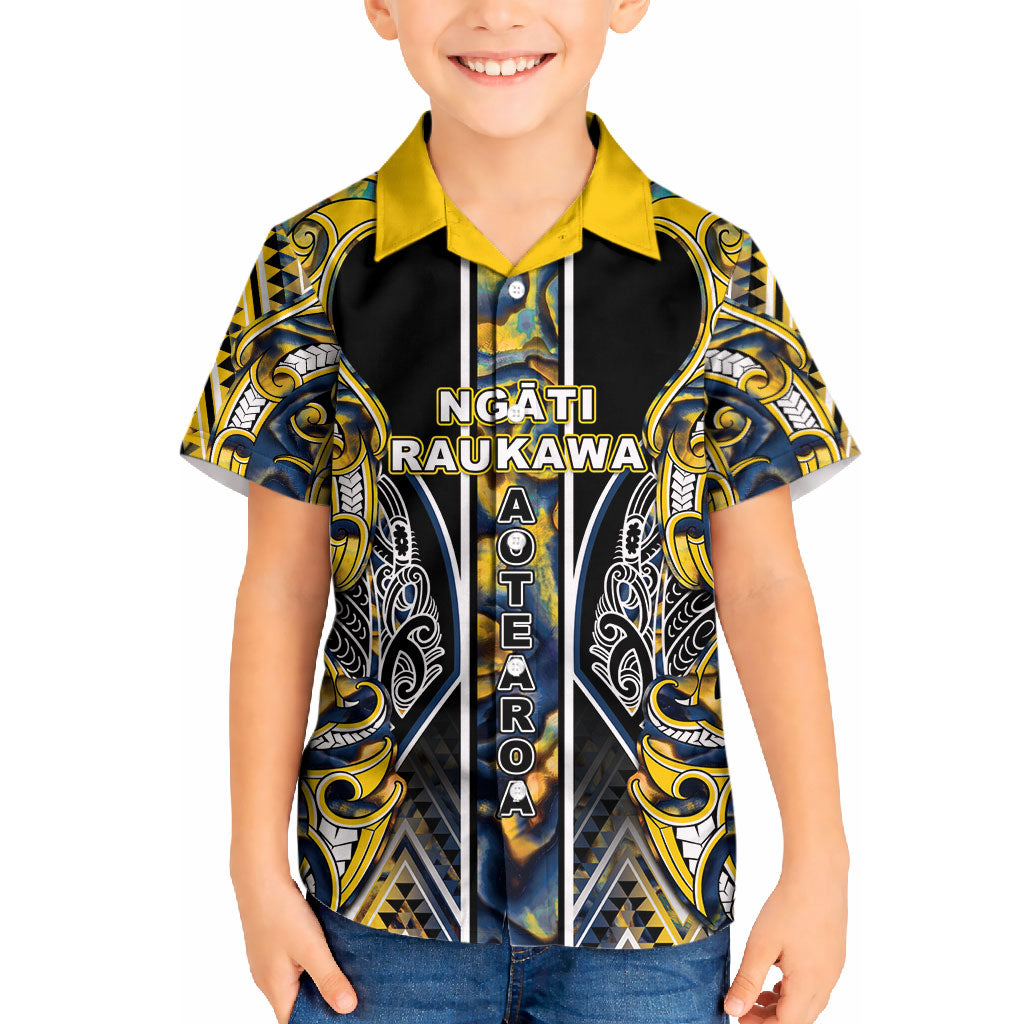 Aotearoa Ngati Raukawa Kid Hawaiian Shirt Maori Tribal Yellow And Navy Paua Shell Pattern DT05 Kid Yellow - Polynesian Pride