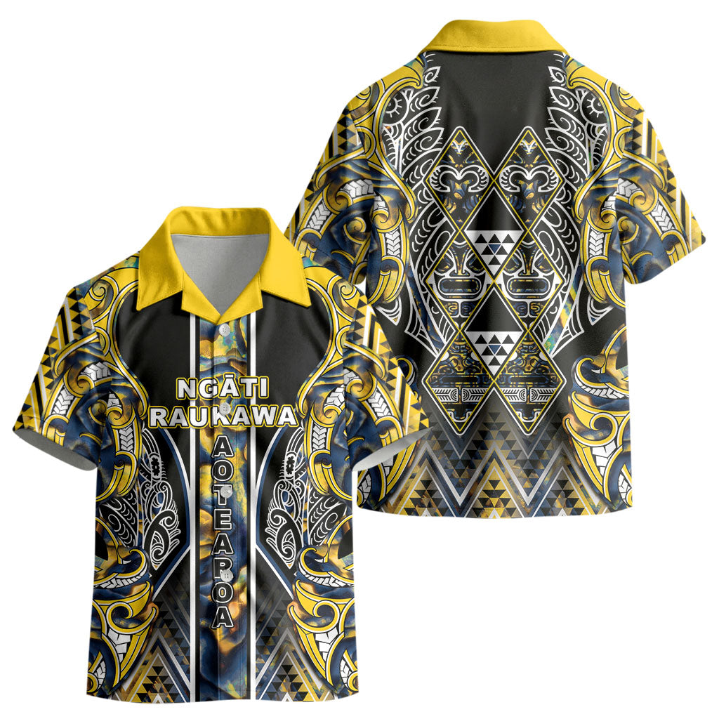 Aotearoa Ngati Raukawa Kid Hawaiian Shirt Maori Tribal Yellow And Navy Paua Shell Pattern DT05 - Polynesian Pride