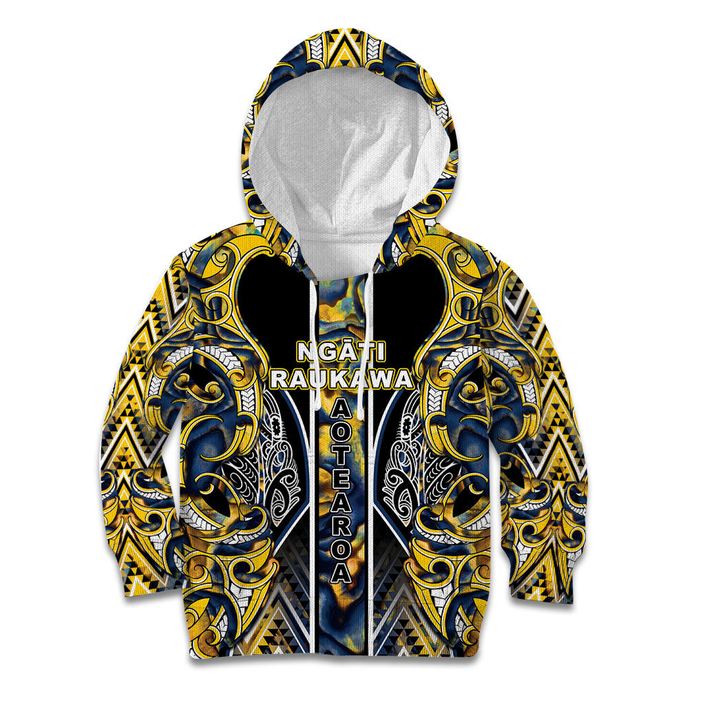 Aotearoa Ngati Raukawa Kid Hoodie Maori Tribal Yellow And Navy Paua Shell Pattern DT05 Hoodie Yellow - Polynesian Pride