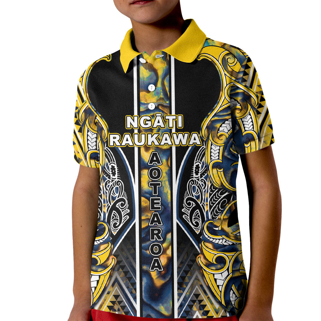 Aotearoa Ngati Raukawa Kid Polo Shirt Maori Tribal Yellow And Navy Paua Shell Pattern DT05 Kid Yellow - Polynesian Pride