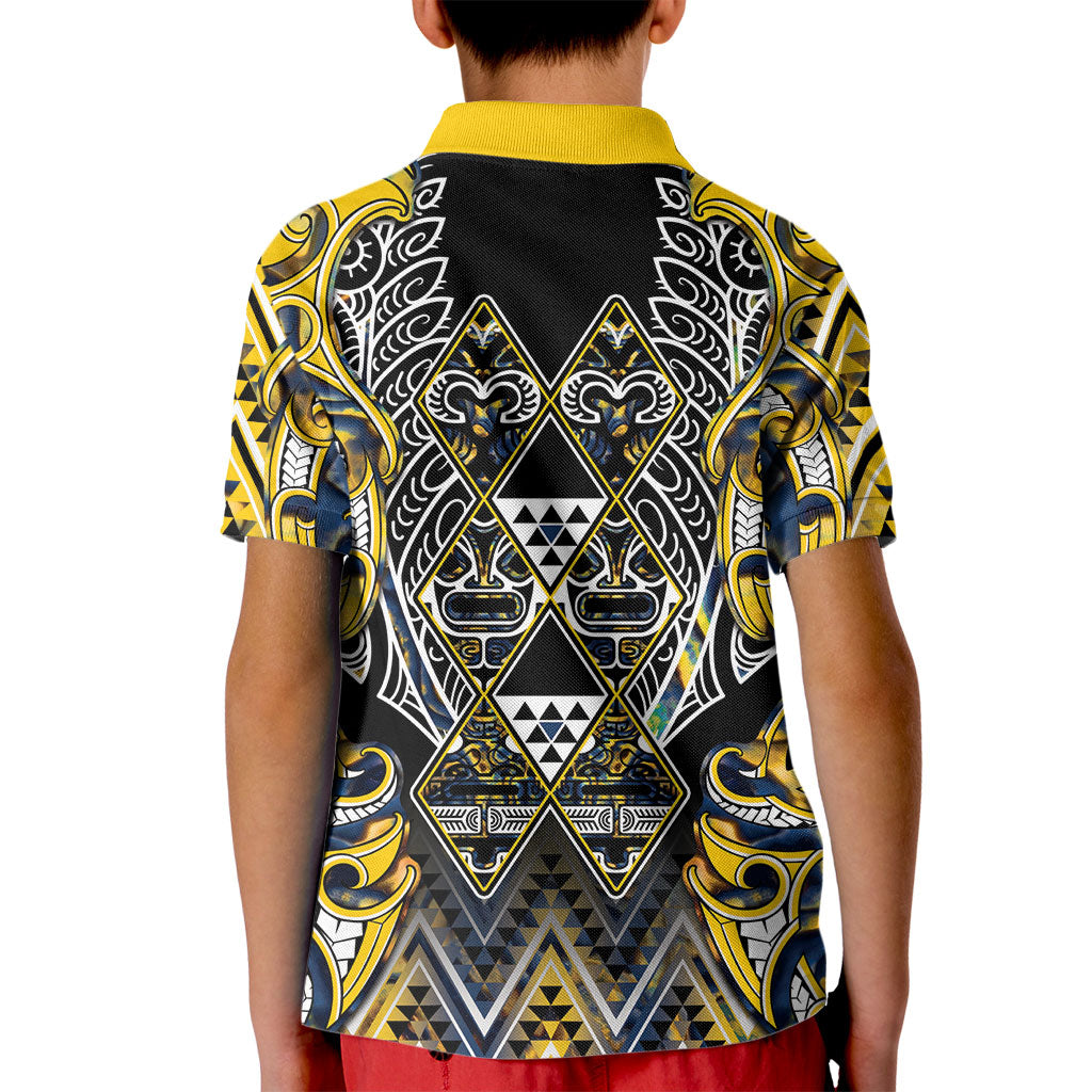 Aotearoa Ngati Raukawa Kid Polo Shirt Maori Tribal Yellow And Navy Paua Shell Pattern DT05 - Polynesian Pride