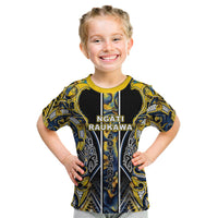 Aotearoa Ngati Raukawa Kid T Shirt Maori Tribal Yellow And Navy Paua Shell Pattern DT05 Yellow - Polynesian Pride