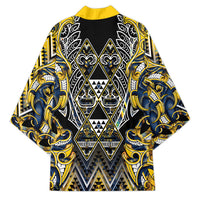 Aotearoa Ngati Raukawa Kimono Maori Tribal Yellow And Navy Paua Shell Pattern DT05 - Polynesian Pride