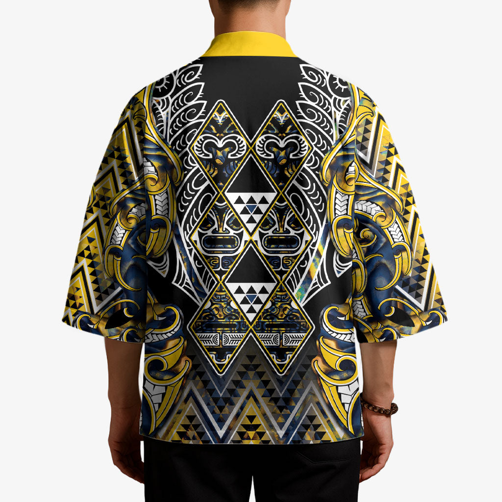 Aotearoa Ngati Raukawa Kimono Maori Tribal Yellow And Navy Paua Shell Pattern DT05 - Polynesian Pride