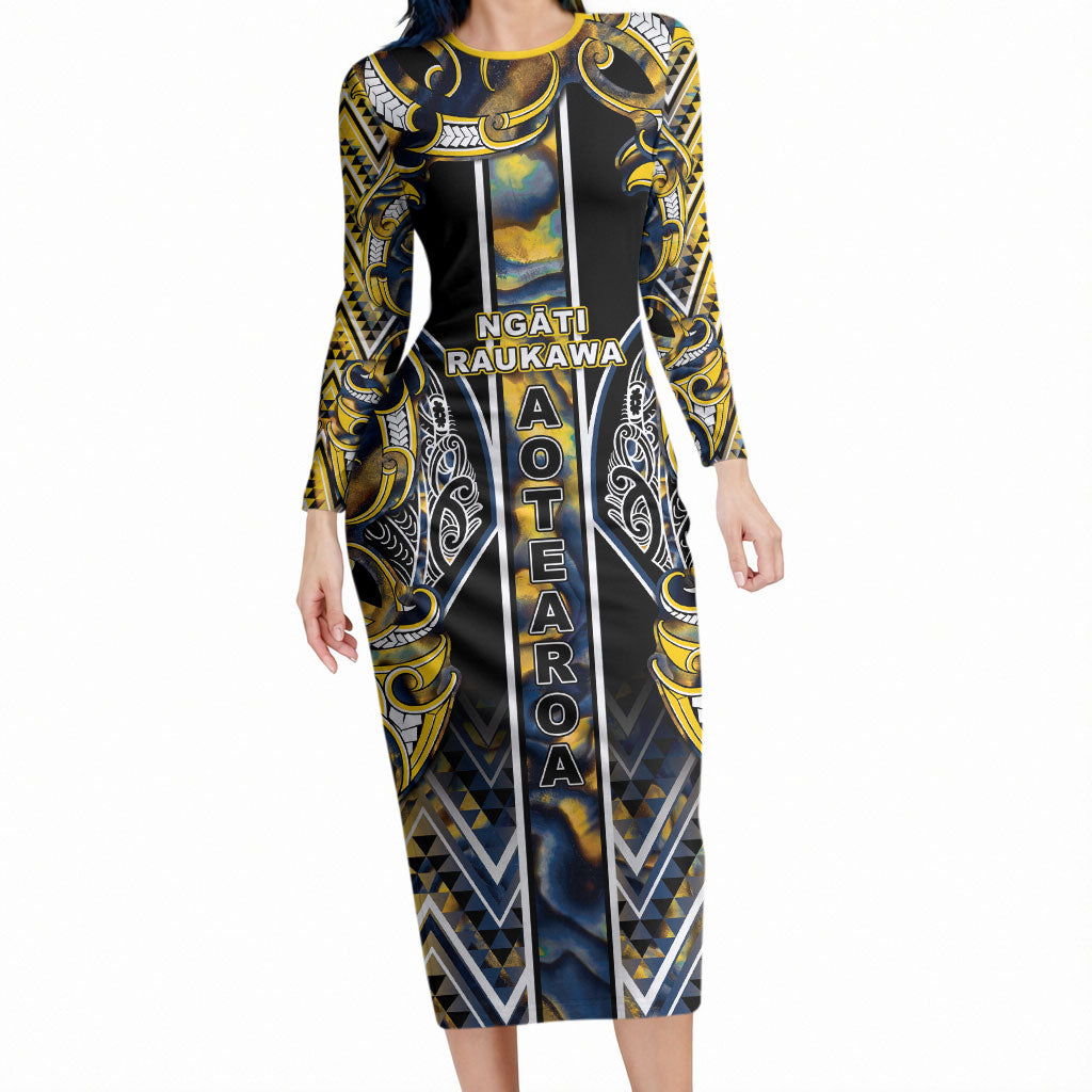 Aotearoa Ngati Raukawa Long Sleeve Bodycon Dress Maori Tribal Yellow And Navy Paua Shell Pattern DT05 Long Dress Yellow - Polynesian Pride