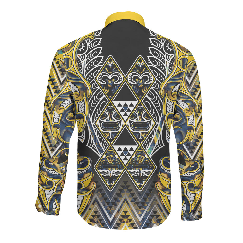 Aotearoa Ngati Raukawa Long Sleeve Button Shirt Maori Tribal Yellow And Navy Paua Shell Pattern DT05 - Polynesian Pride