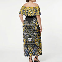 Aotearoa Ngati Raukawa Off Shoulder Maxi Dress Maori Tribal Yellow And Navy Paua Shell Pattern DT05 - Polynesian Pride