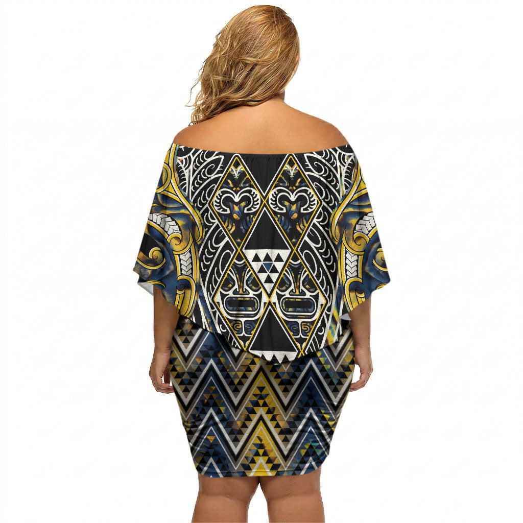 Aotearoa Ngati Raukawa Off Shoulder Short Dress Maori Tribal Yellow And Navy Paua Shell Pattern DT05 - Polynesian Pride
