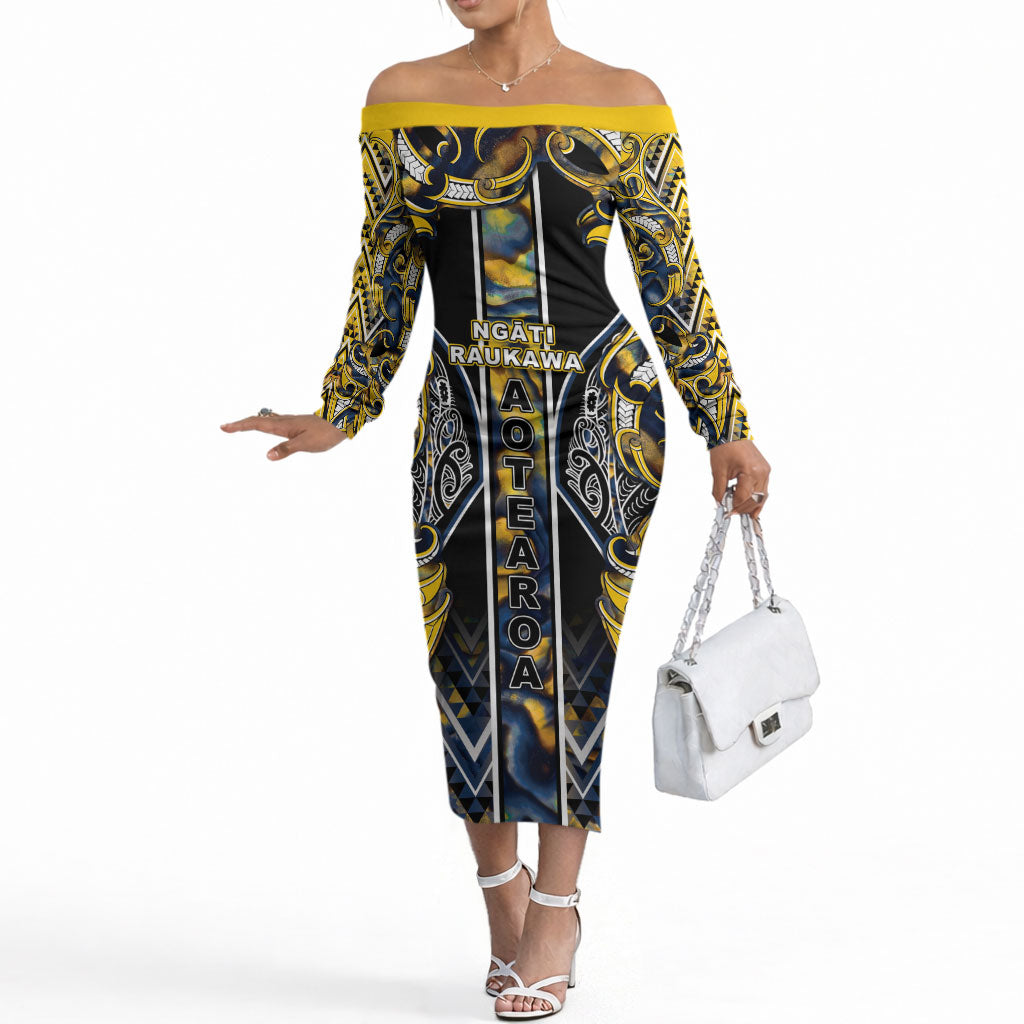Aotearoa Ngati Raukawa Off The Shoulder Long Sleeve Dress Maori Tribal Yellow And Navy Paua Shell Pattern DT05 Women Yellow - Polynesian Pride