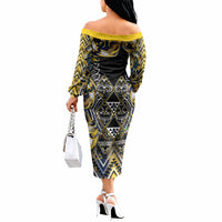 Aotearoa Ngati Raukawa Off The Shoulder Long Sleeve Dress Maori Tribal Yellow And Navy Paua Shell Pattern DT05 - Polynesian Pride
