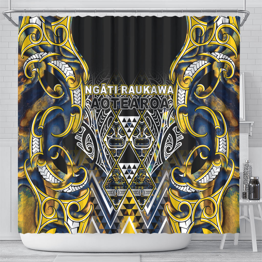 Aotearoa Ngati Raukawa Shower Curtain Maori Tribal Yellow And Navy Paua Shell Pattern DT05 - Polynesian Pride