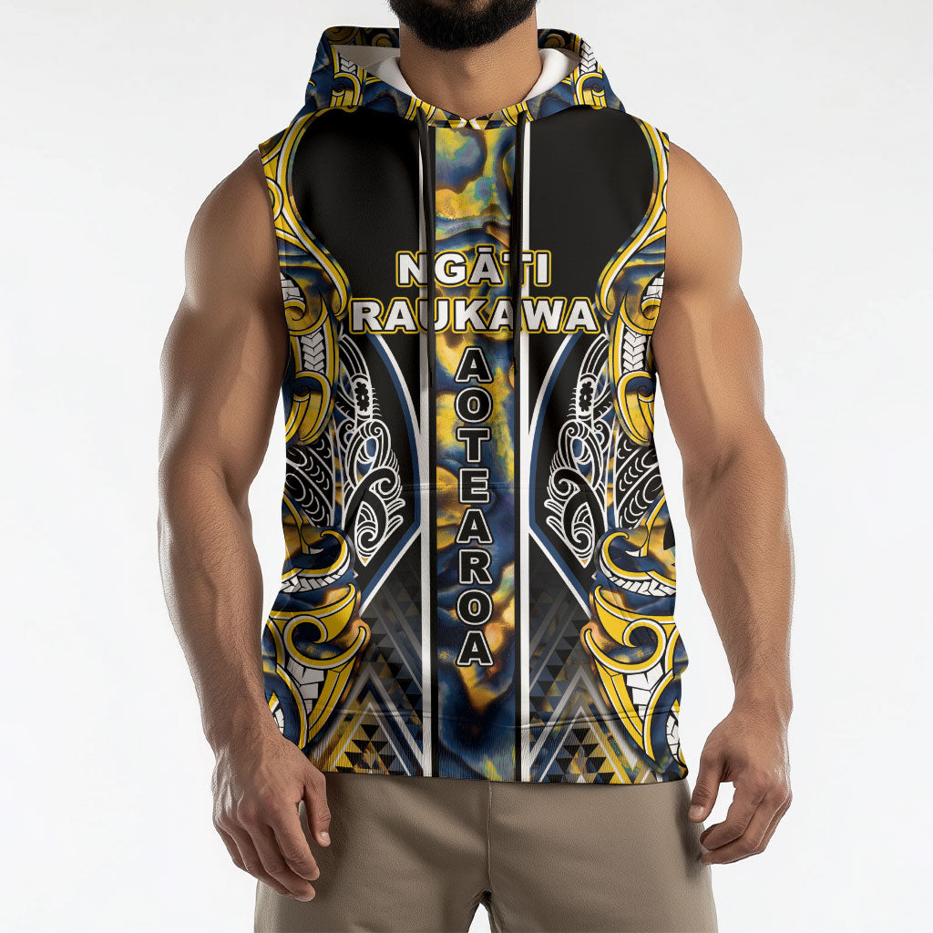 Aotearoa Ngati Raukawa Sleeveless Hoodie Maori Tribal Yellow And Navy Paua Shell Pattern DT05 - Polynesian Pride