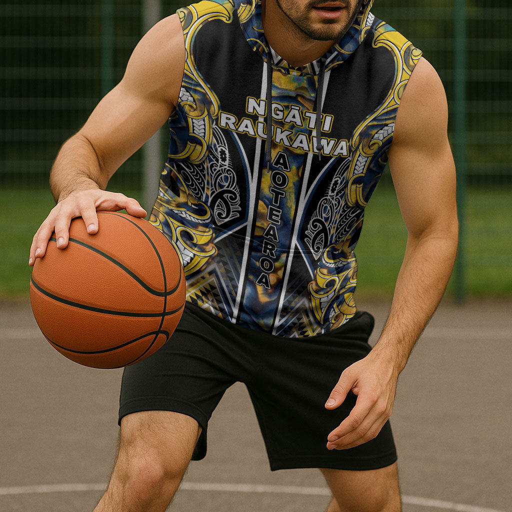 Aotearoa Ngati Raukawa Sleeveless Hoodie Maori Tribal Yellow And Navy Paua Shell Pattern DT05 - Polynesian Pride