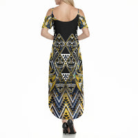 Aotearoa Ngati Raukawa Summer Maxi Dress Maori Tribal Yellow And Navy Paua Shell Pattern DT05 - Polynesian Pride