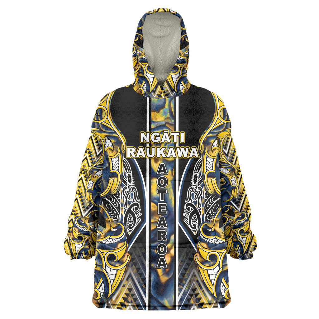 Aotearoa Ngati Raukawa Wearable Blanket Hoodie Maori Tribal Yellow And Navy Paua Shell Pattern