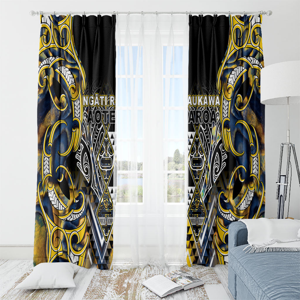 Aotearoa Ngati Raukawa Window Curtain Maori Tribal Yellow And Navy Paua Shell Pattern DT05 - Polynesian Pride