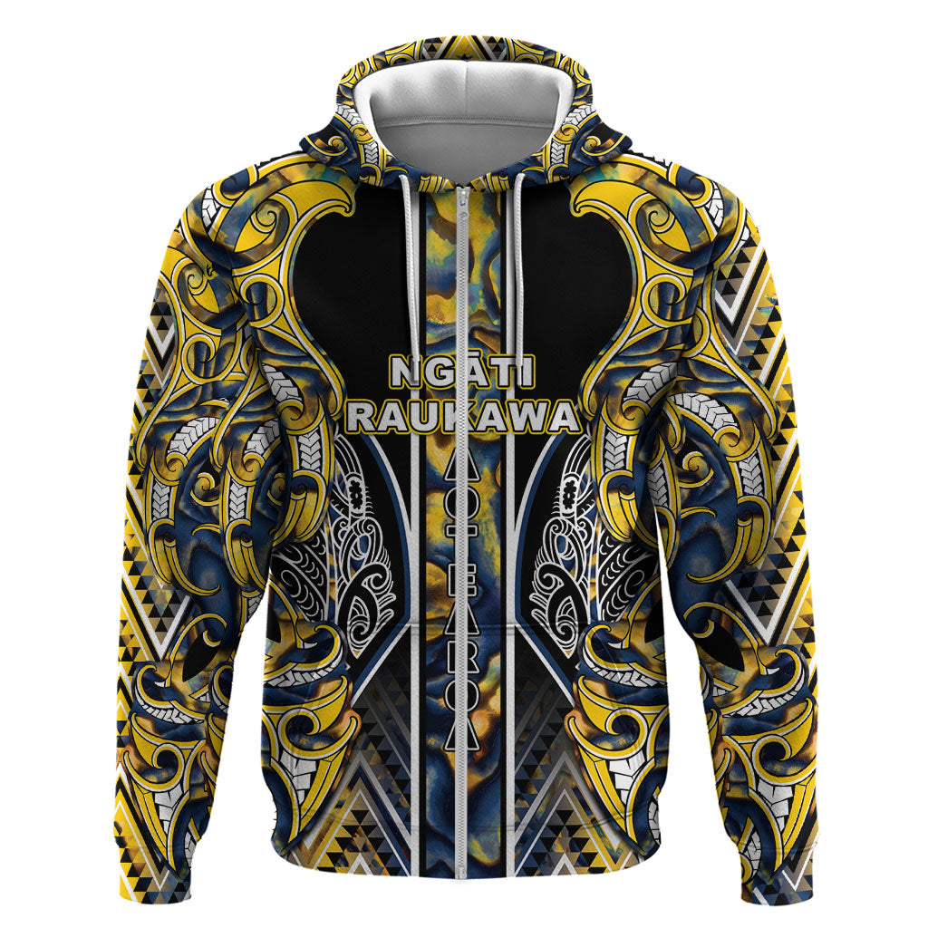 Aotearoa Ngati Raukawa Zip Hoodie Maori Tribal Yellow And Navy Paua Shell Pattern DT05 Zip Hoodie Yellow - Polynesian Pride