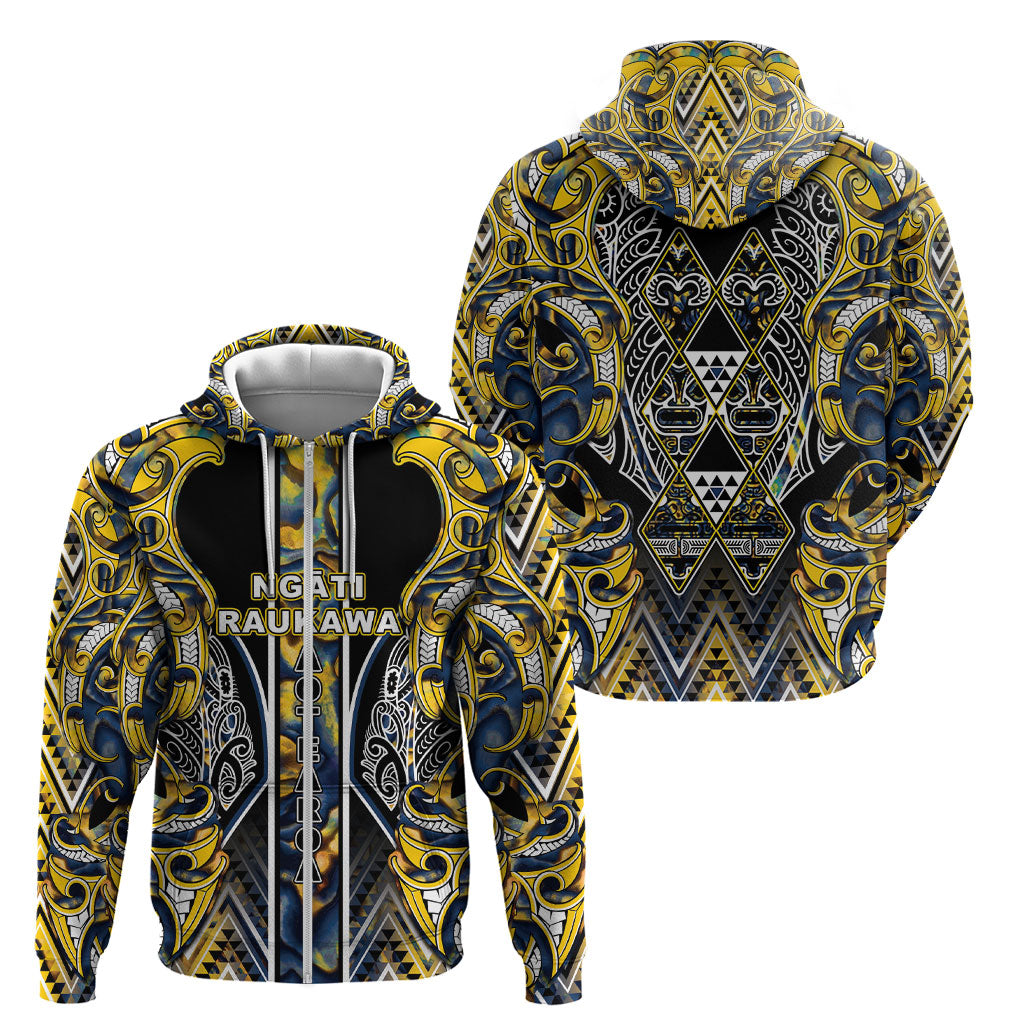 Aotearoa Ngati Raukawa Zip Hoodie Maori Tribal Yellow And Navy Paua Shell Pattern DT05 - Polynesian Pride