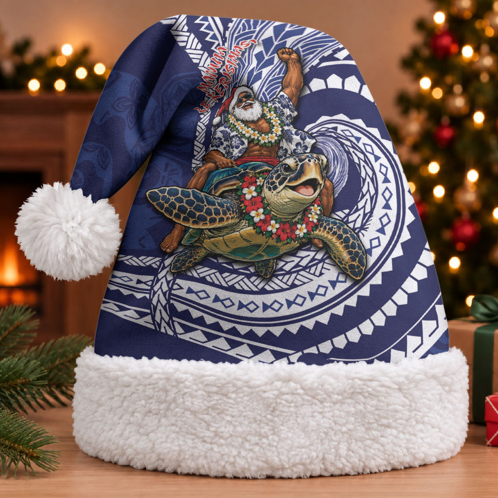 Samoa Christmas Santa Hat Santa Riding Sea Turtle DT05 With Fur Navy - Polynesian Pride
