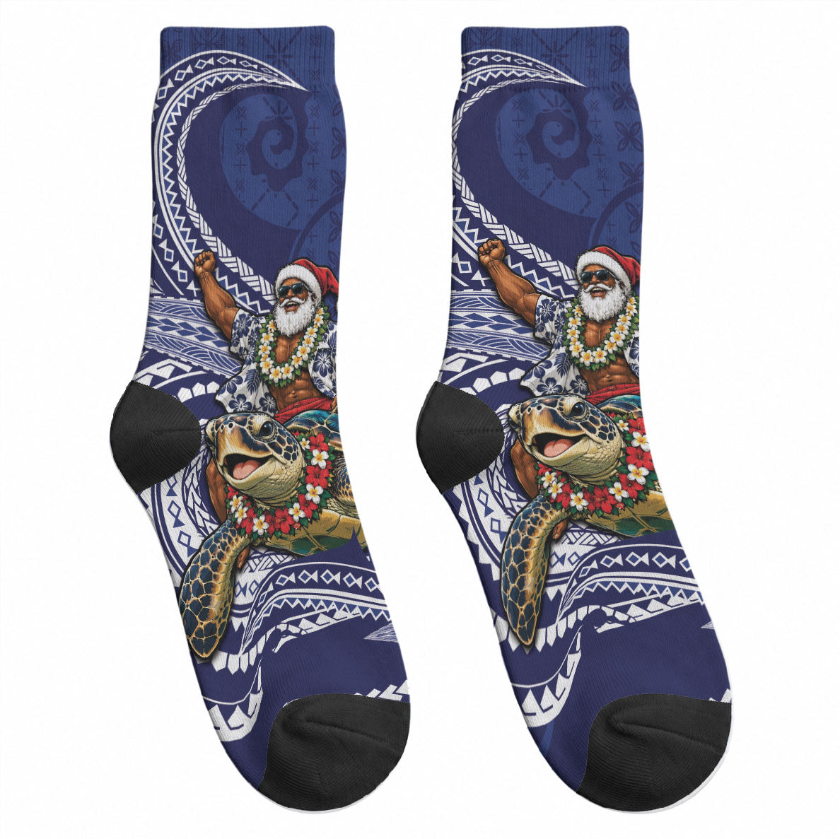 Samoa Christmas Crew Socks Santa Riding Sea Turtle DT05 - Polynesian Pride