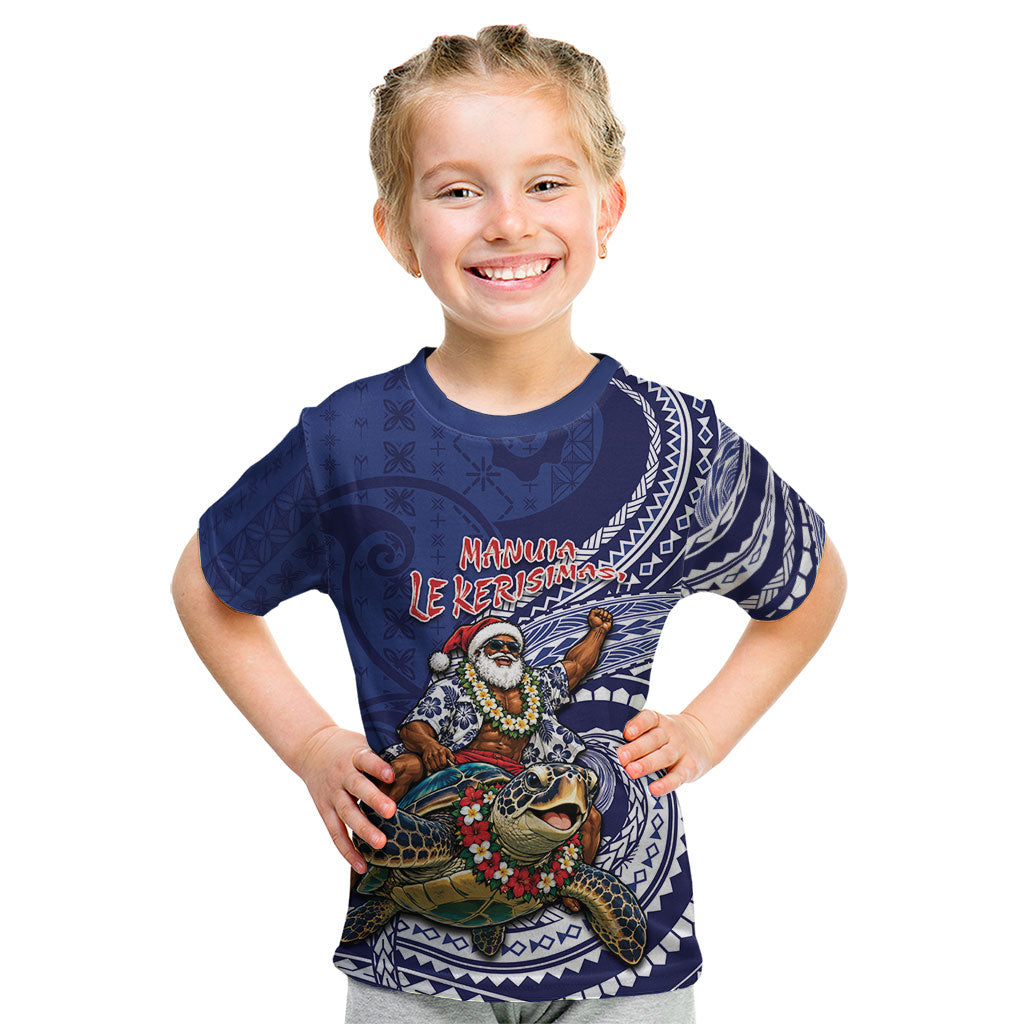 Samoa Christmas Kid T Shirt Santa Riding Sea Turtle DT05 Navy - Polynesian Pride