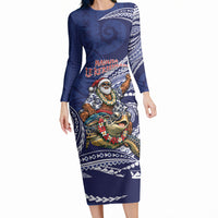 Samoa Christmas Long Sleeve Bodycon Dress Santa Riding Sea Turtle DT05 Long Dress Navy - Polynesian Pride