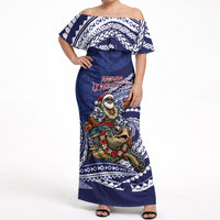 Samoa Christmas Off Shoulder Maxi Dress Santa Riding Sea Turtle DT05 Women Navy - Polynesian Pride