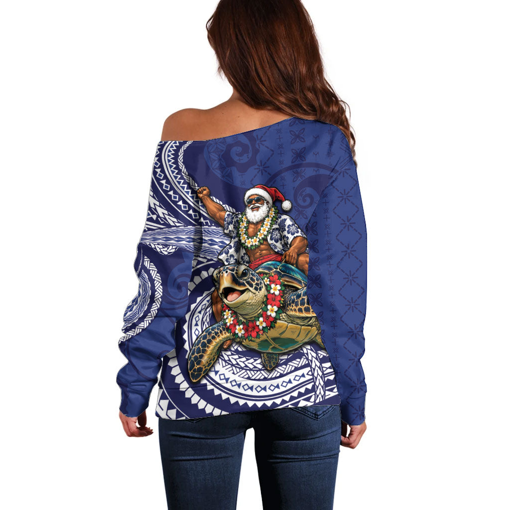 Samoa Christmas Off Shoulder Sweater Santa Riding Sea Turtle DT05 - Polynesian Pride