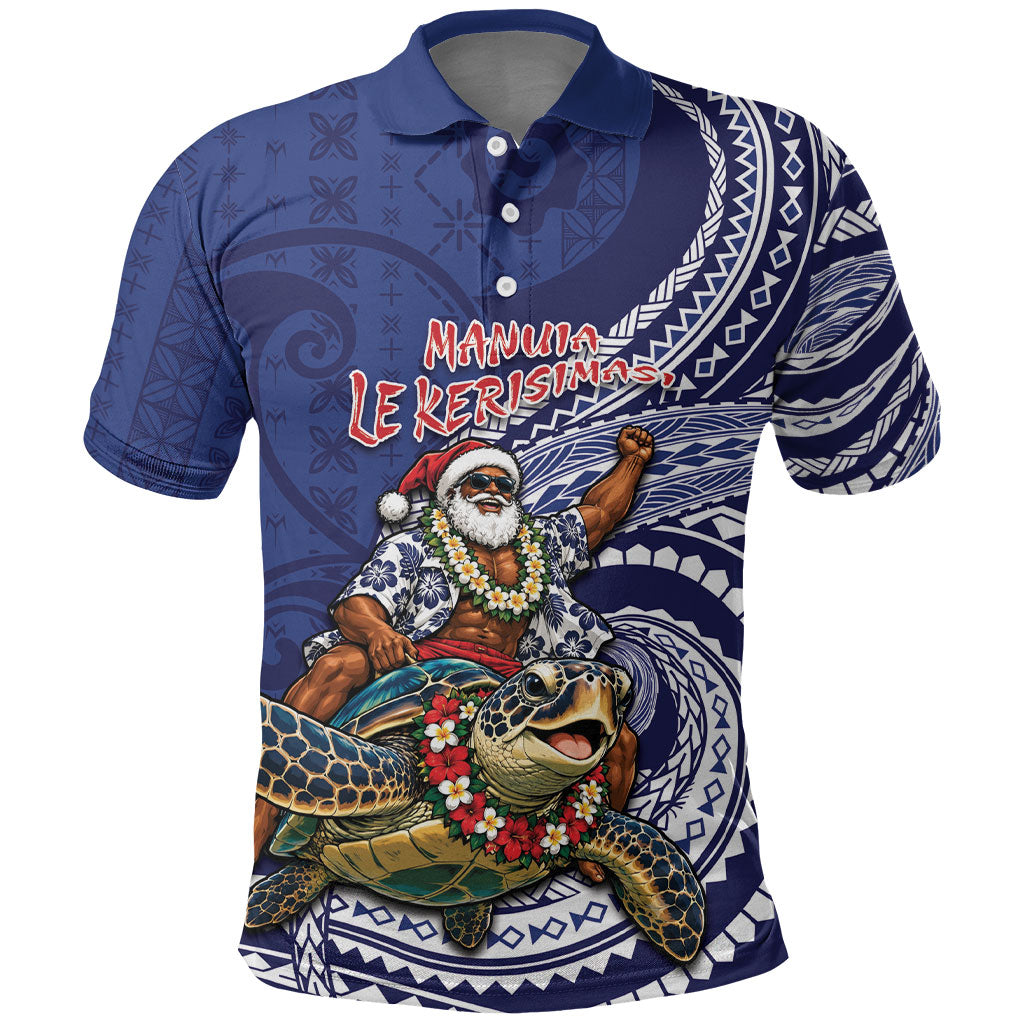 Samoa Christmas Polo Shirt Santa Riding Sea Turtle DT05 Navy - Polynesian Pride
