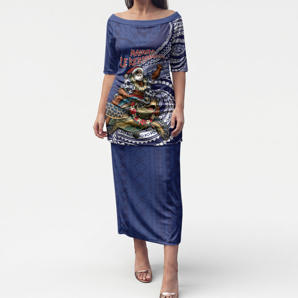 Samoa Christmas Puletasi Santa Riding Sea Turtle DT05 Long Dress Navy - Polynesian Pride
