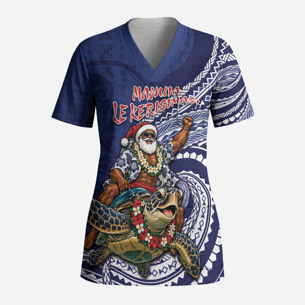 Samoa Christmas Scrub Top Santa Riding Sea Turtle
