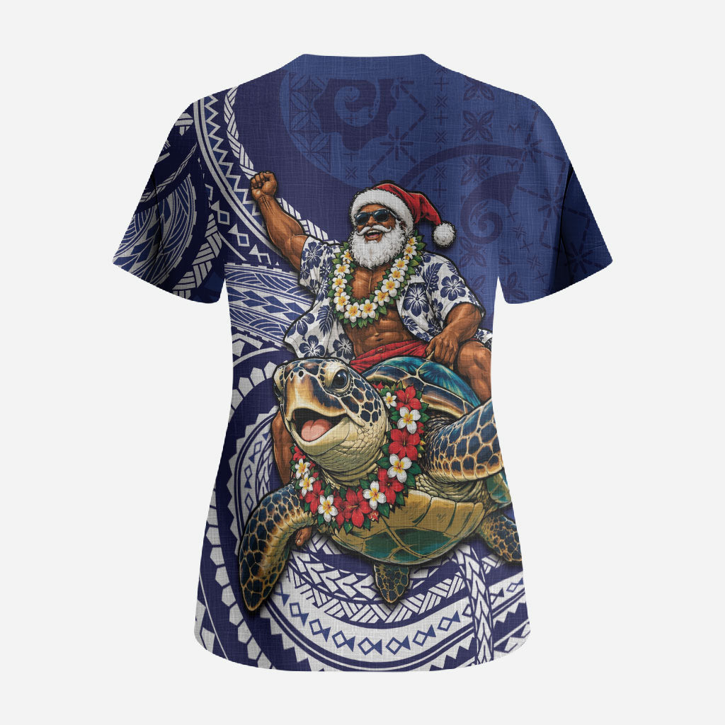 Samoa Christmas Scrub Top Santa Riding Sea Turtle