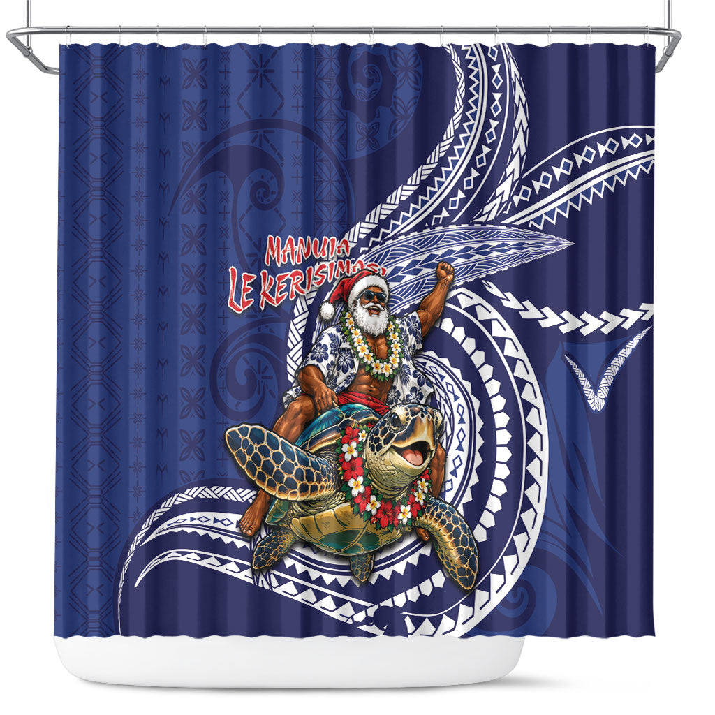 Samoa Christmas Shower Curtain Santa Riding Sea Turtle DT05 Navy - Polynesian Pride