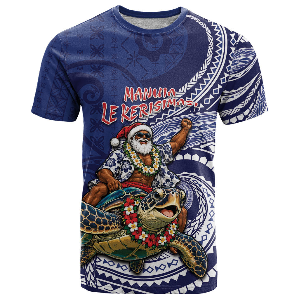 Samoa Christmas T Shirt Santa Riding Sea Turtle DT05 Navy - Polynesian Pride