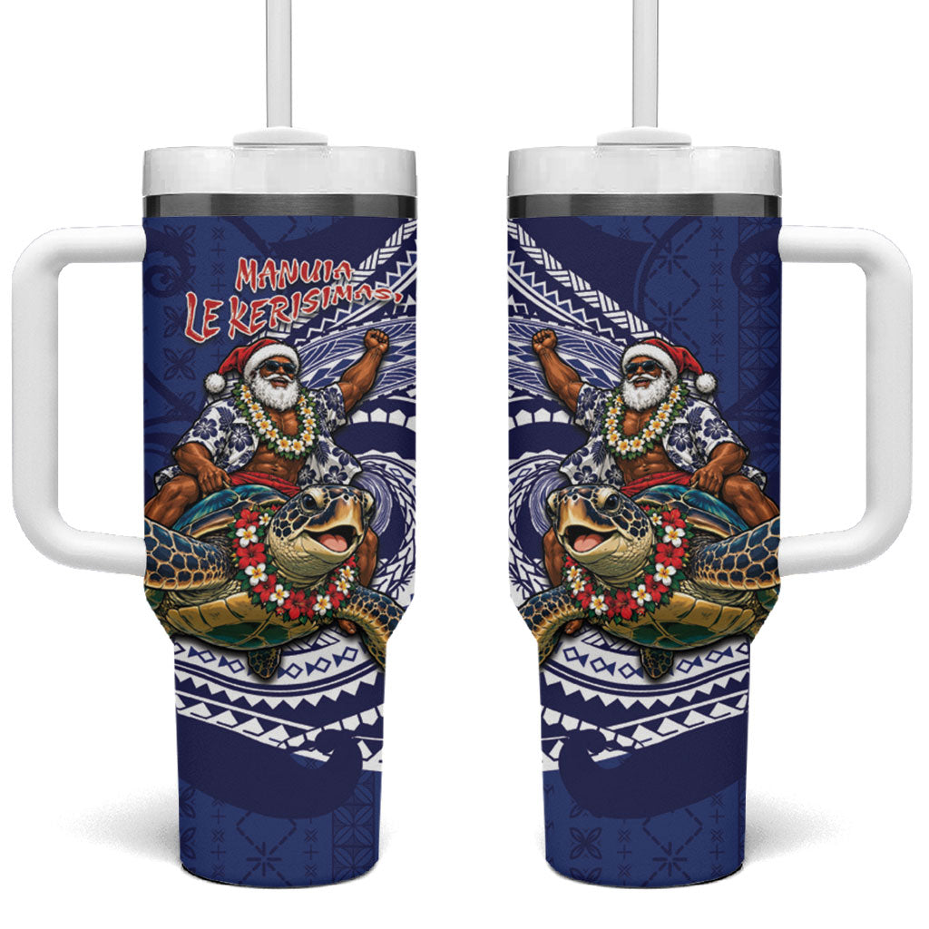 Samoa Christmas Tumbler With Handle Santa Riding Sea Turtle DT05 One Size: 40 oz Navy - Polynesian Pride