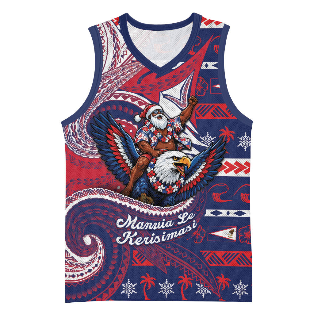 American Samoa Christmas Basketball Jersey Santa Riding Bald Eagle DT05 Unisex Navy - Polynesian Pride