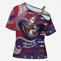 American Samoa Christmas Cross Shoulder Shirt Santa Riding Bald Eagle DT05 Female Navy - Polynesian Pride