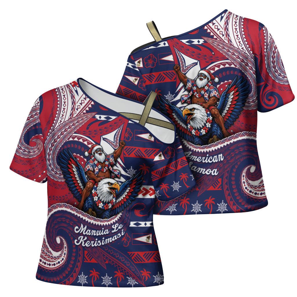 American Samoa Christmas Cross Shoulder Shirt Santa Riding Bald Eagle DT05 - Polynesian Pride