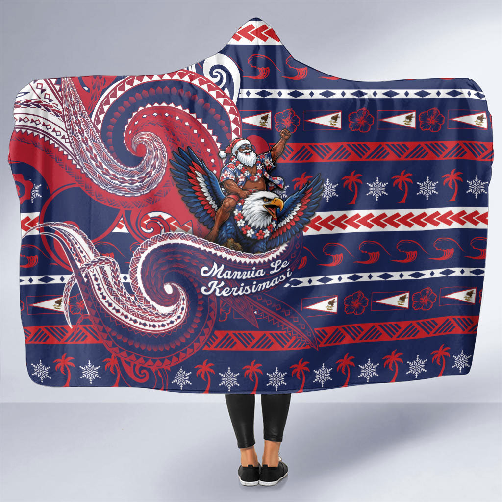 American Samoa Christmas Hooded Blanket Santa Riding Bald Eagle DT05 One Size Navy - Polynesian Pride