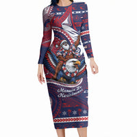 American Samoa Christmas Long Sleeve Bodycon Dress Santa Riding Bald Eagle DT05 Long Dress Navy - Polynesian Pride