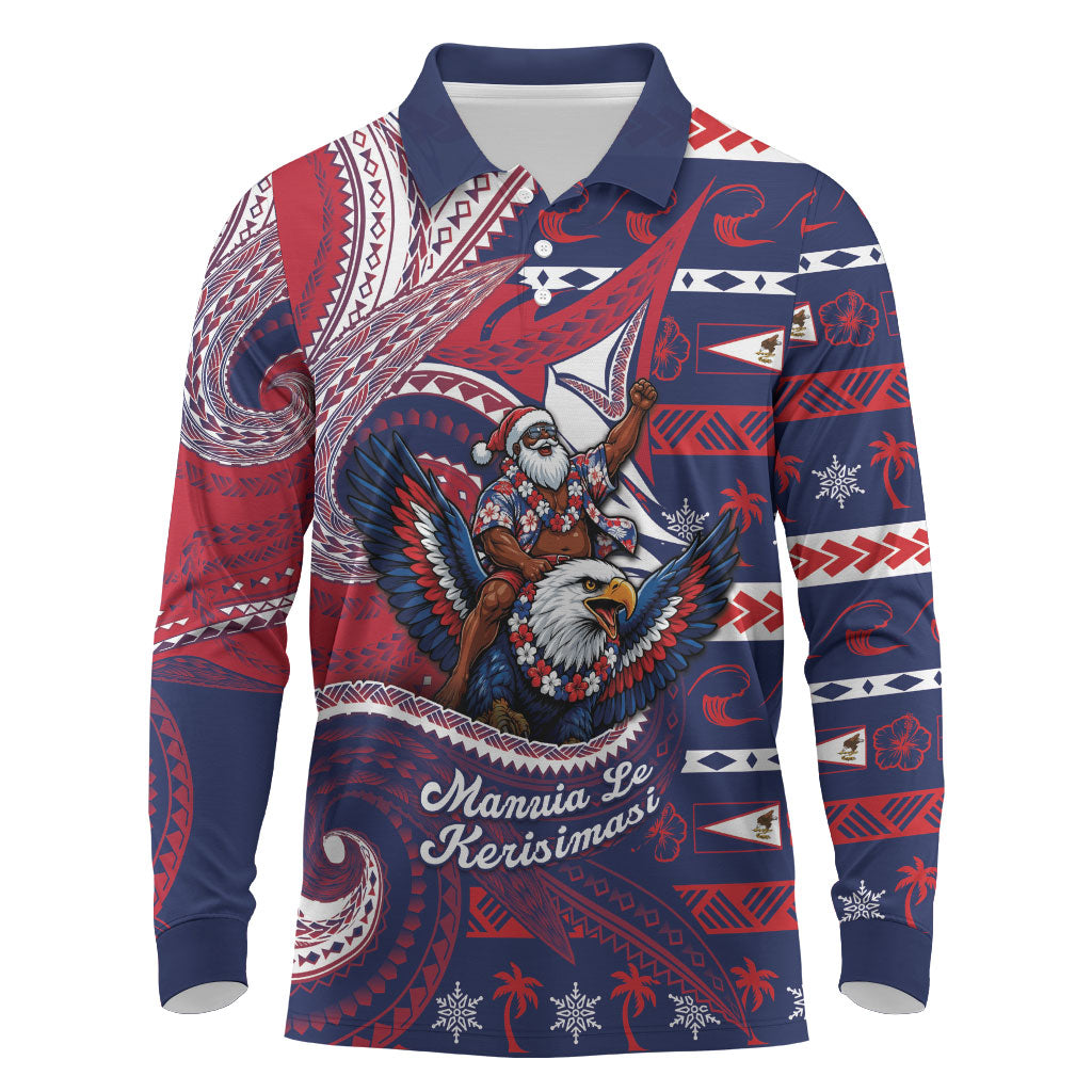 American Samoa Christmas Long Sleeve Polo Shirt Santa Riding Bald Eagle DT05 Navy - Polynesian Pride