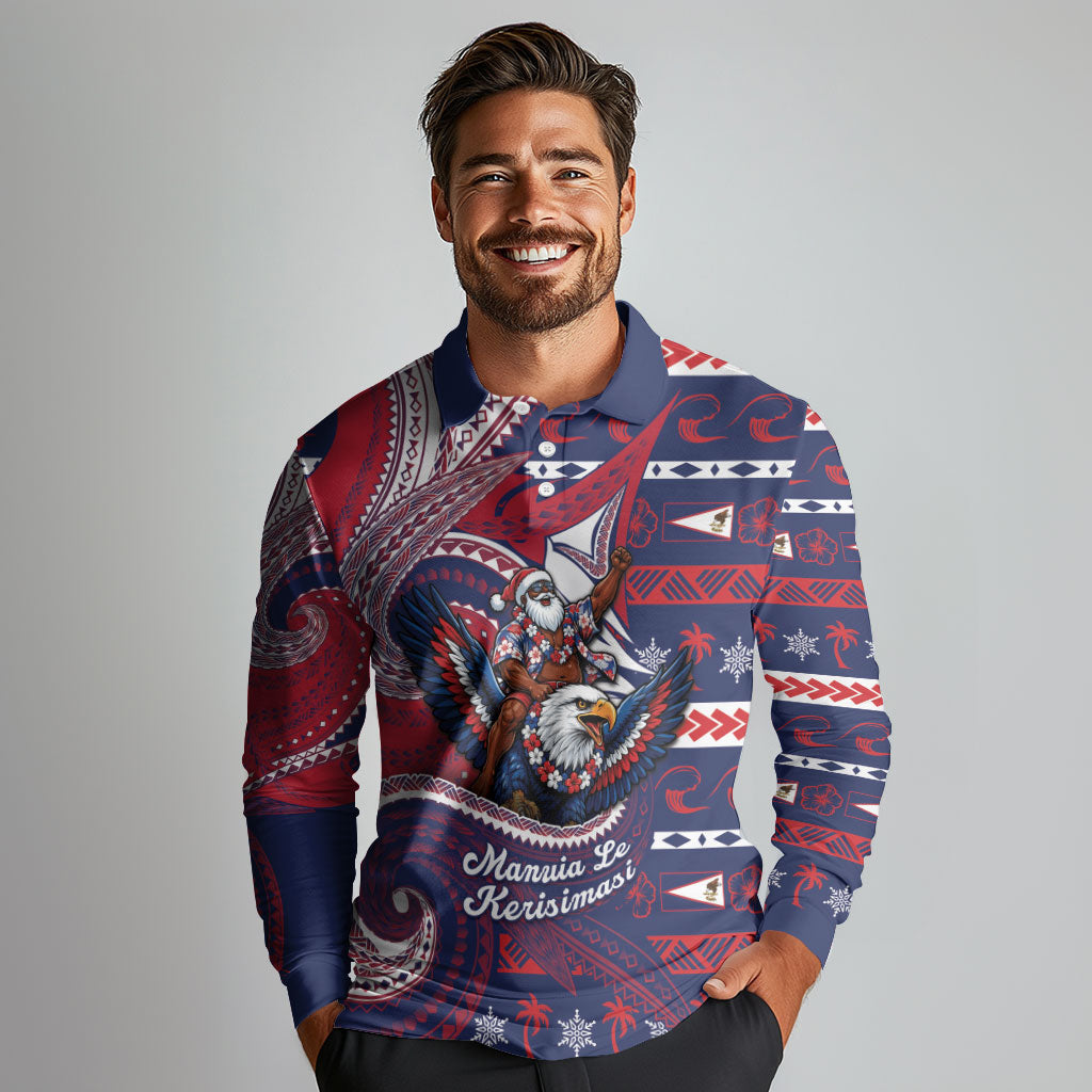 American Samoa Christmas Long Sleeve Polo Shirt Santa Riding Bald Eagle DT05 - Polynesian Pride