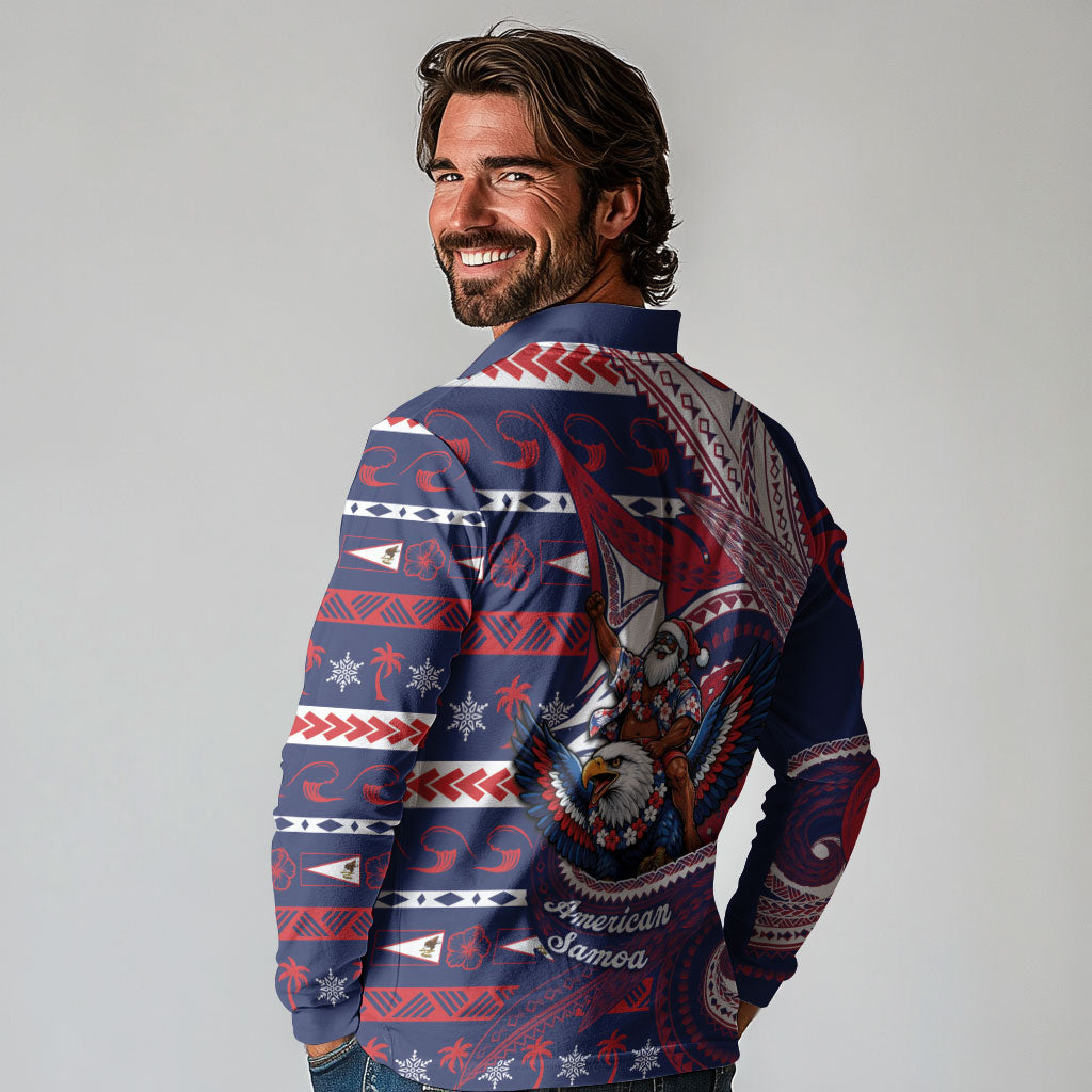 American Samoa Christmas Long Sleeve Polo Shirt Santa Riding Bald Eagle DT05 - Polynesian Pride