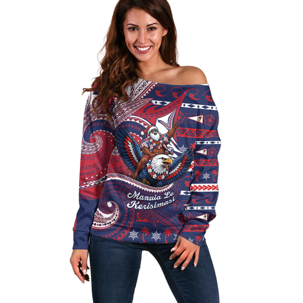 American Samoa Christmas Off Shoulder Sweater Santa Riding Bald Eagle