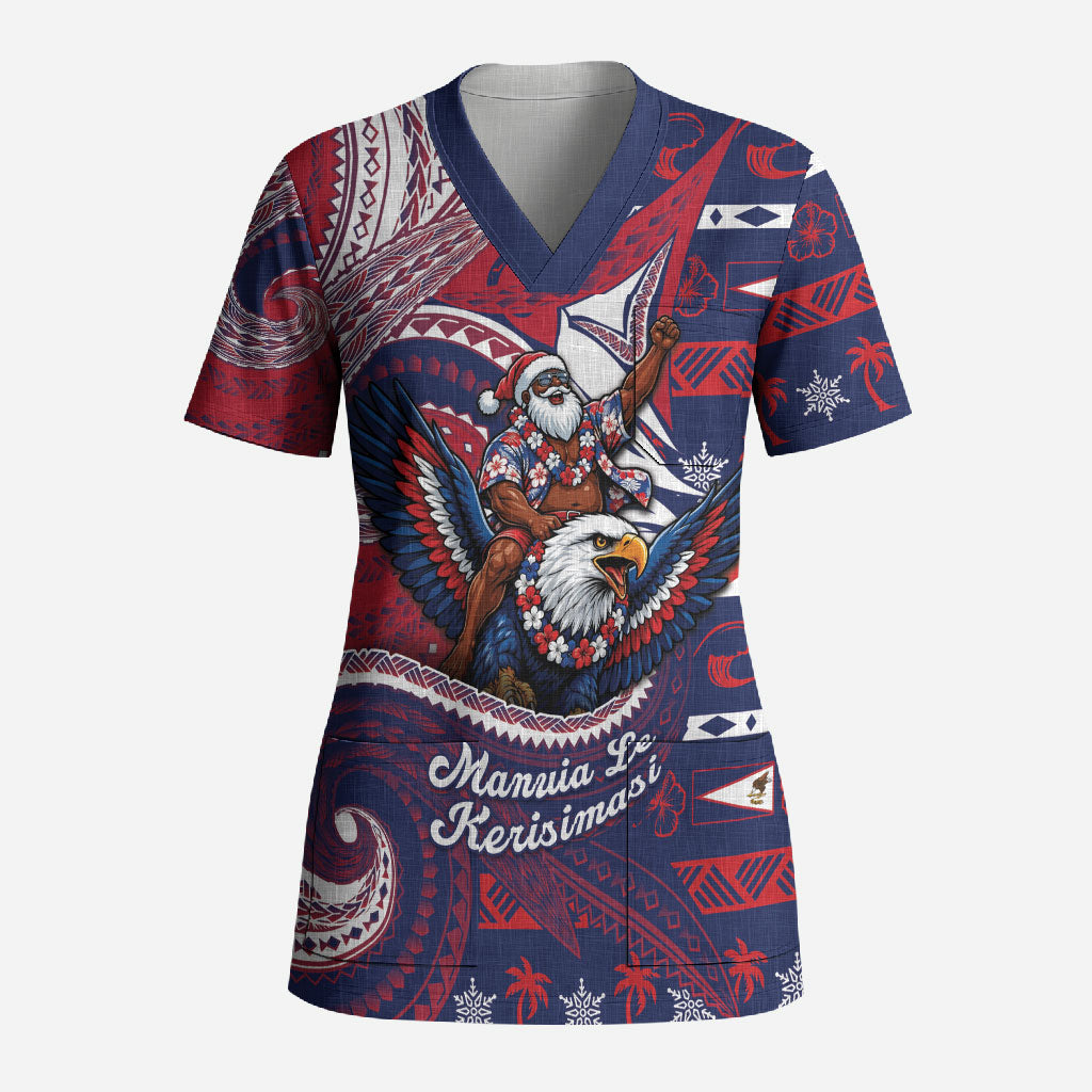 American Samoa Christmas Scrub Top Santa Riding Bald Eagle