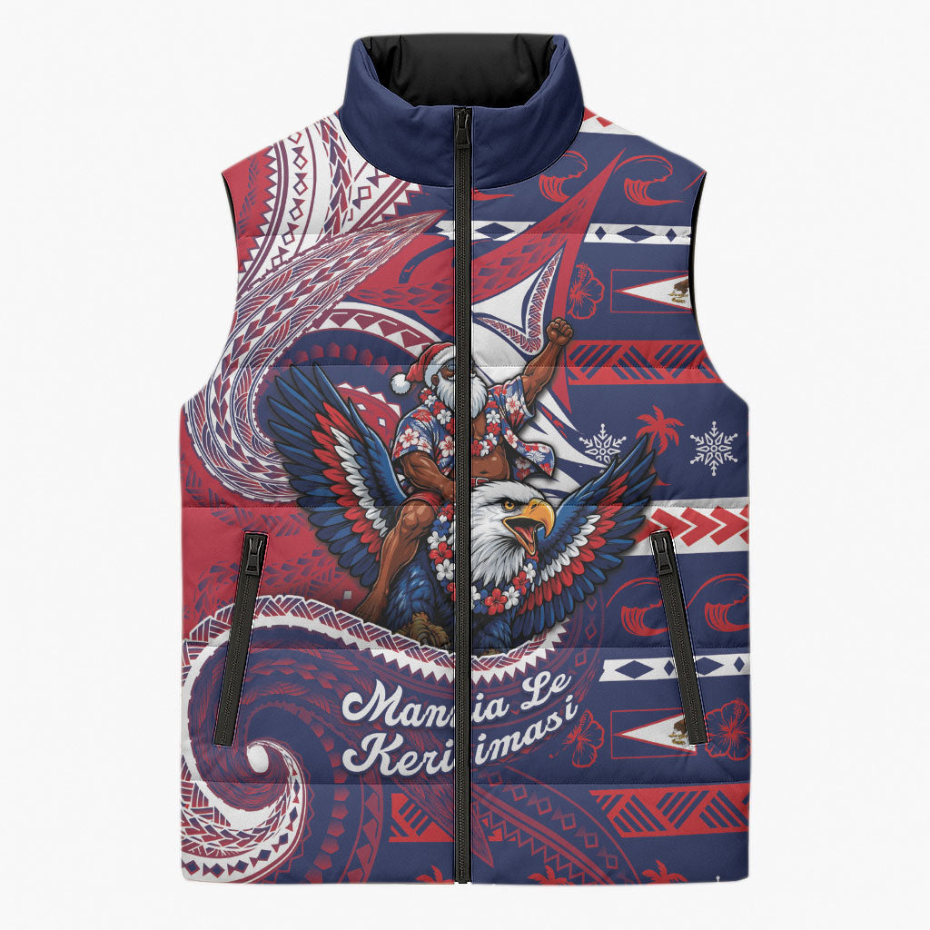 American Samoa Christmas Sleeveless Puffer Jacket Santa Riding Bald Eagle DT05 Unisex Navy - Polynesian Pride