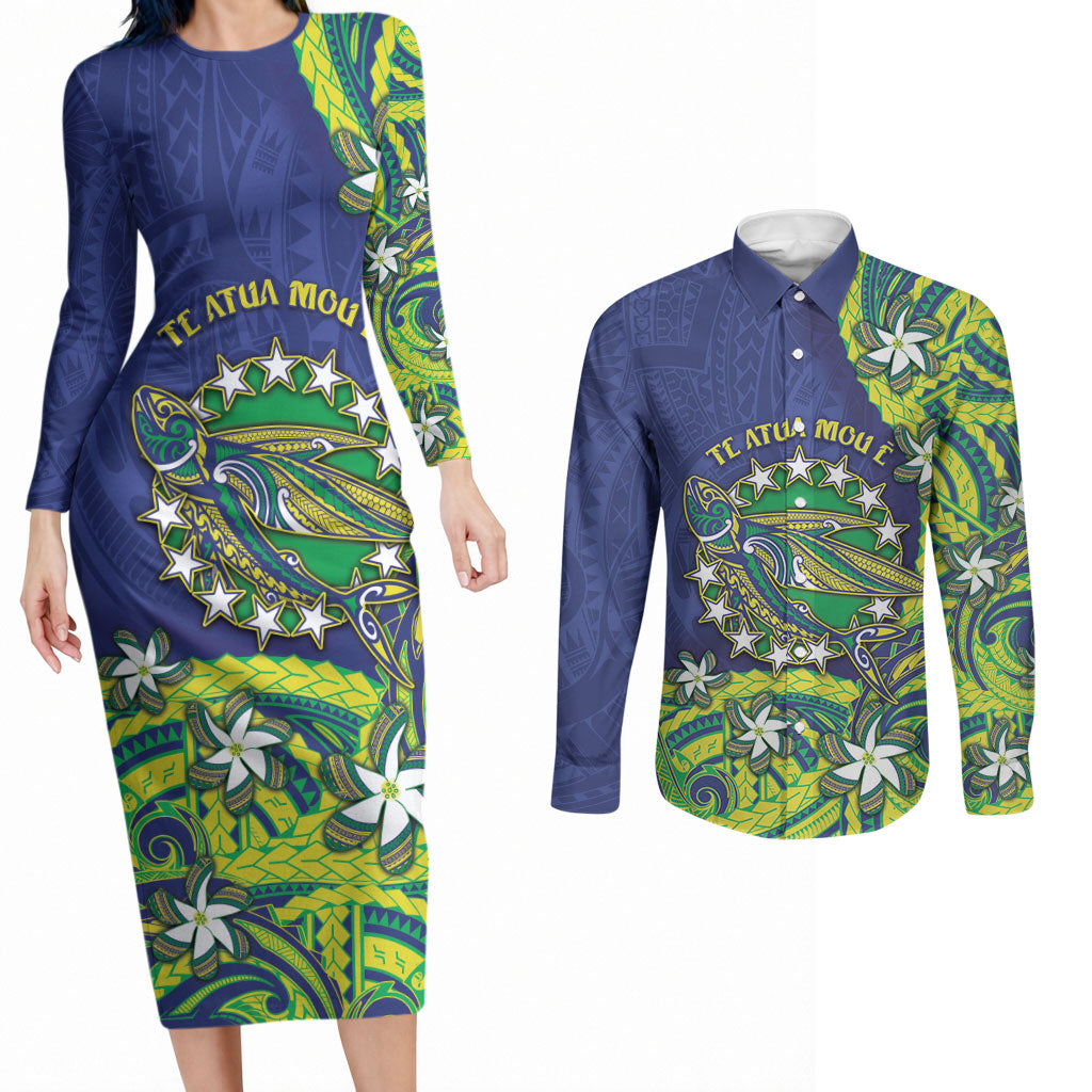 Cook Islands Language Week Couples Matching Long Sleeve Bodycon Dress and Long Sleeve Button Shirt Flying Fish 15 Stars Tribal Patterns DT05 Green - Polynesian Pride